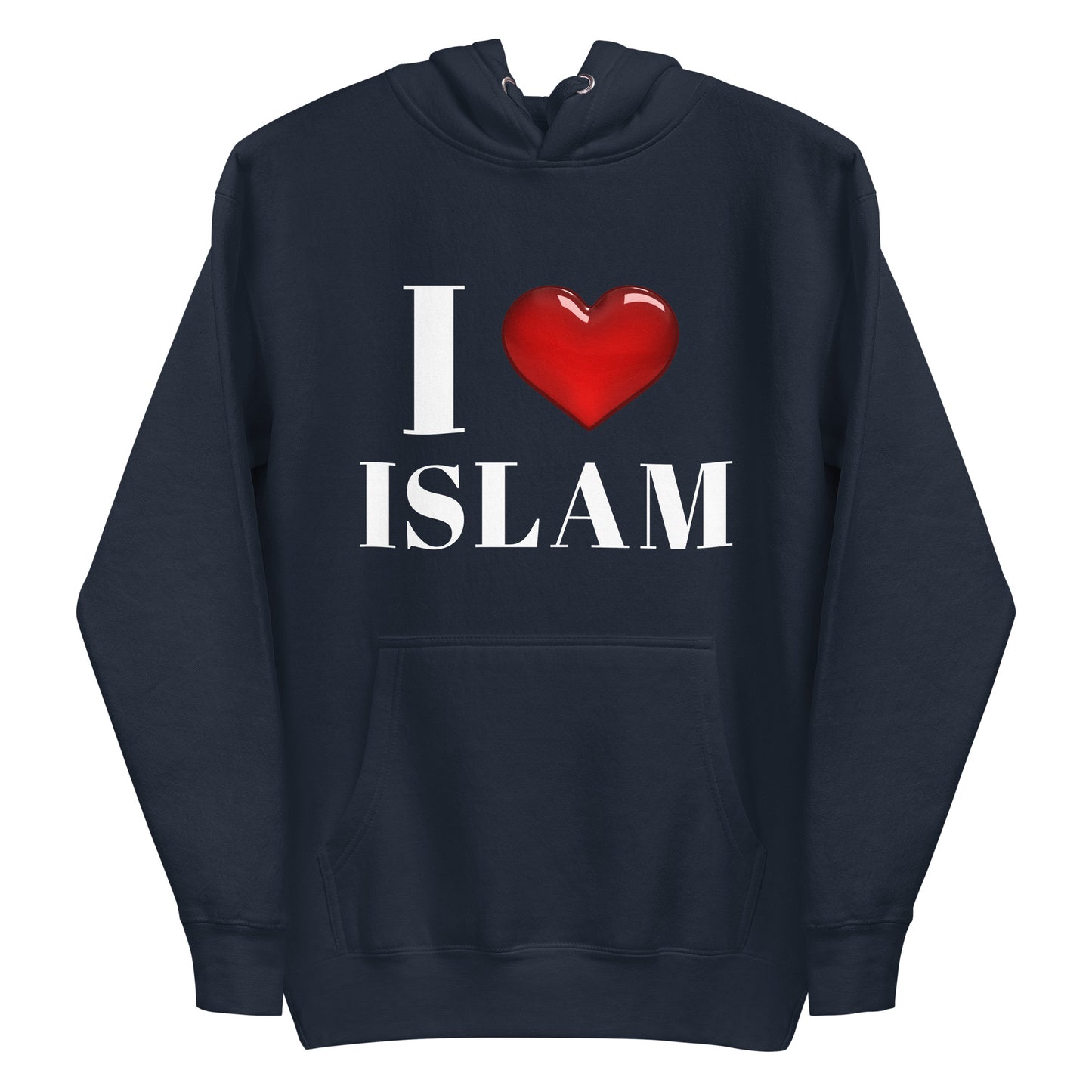 A islamic hoodie with the design i heart islam printed on the front.