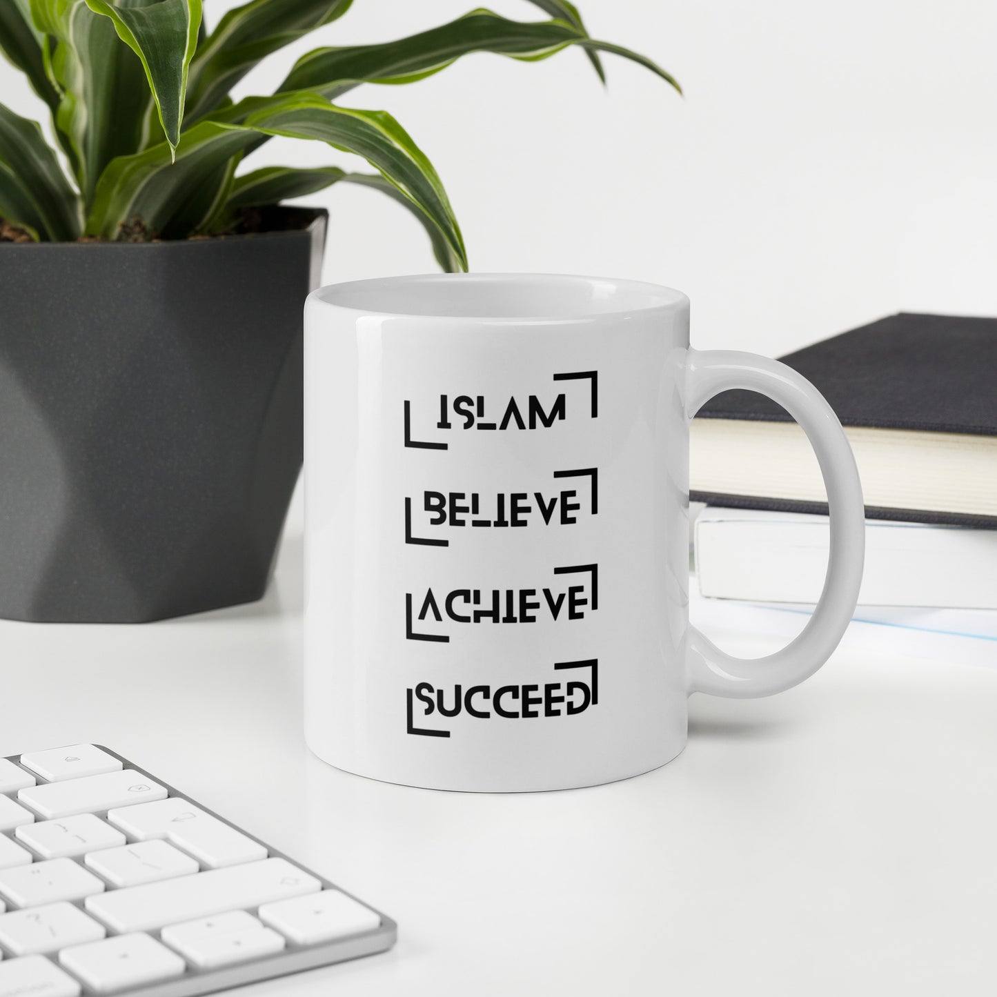 Islam, Believe, Achieve, Succeed-White glossy mug